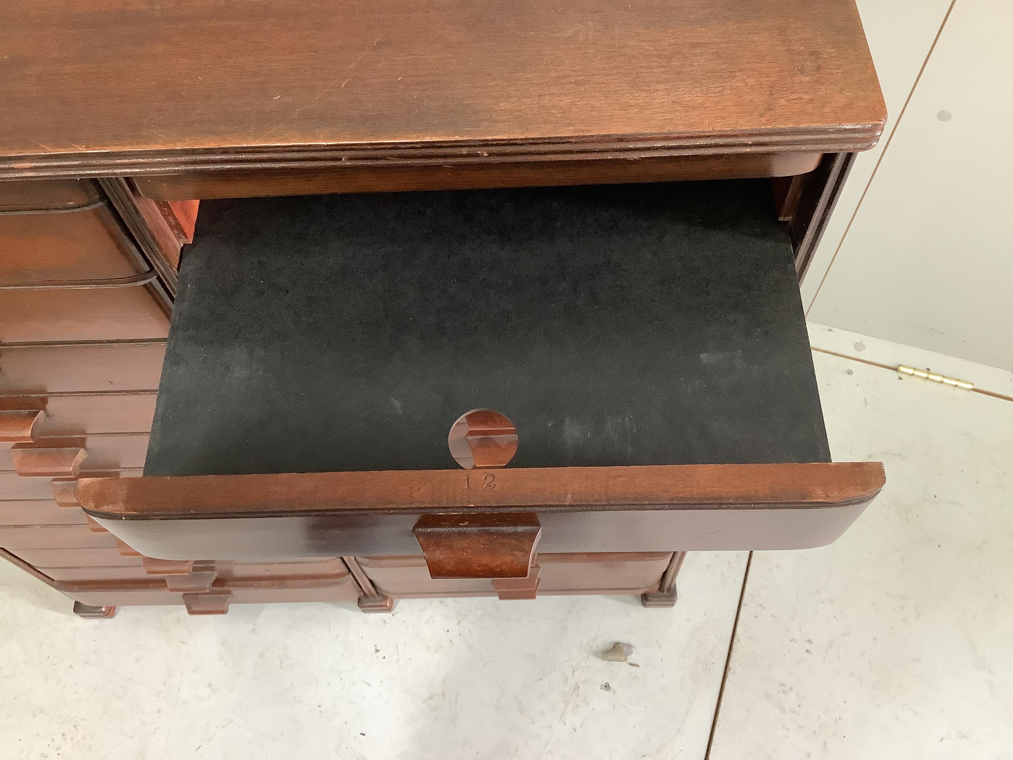 A mid century mahogany twenty-two drawer filing chest, width 79cm, depth 36cm, height 91cm